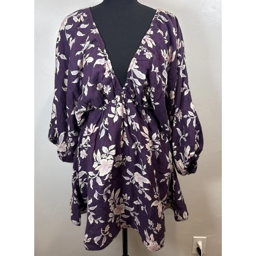 Free People Portia Printed Mini Dress Womens Small Purple Floral Linen Blend NWT